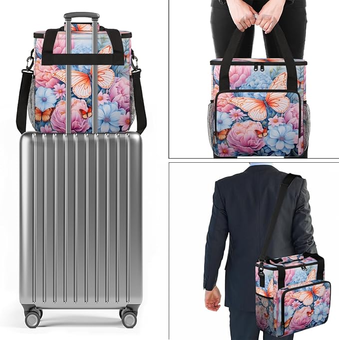 Flowers Butterfly Coffee Maker Carrying Bag Artistic Butterfly Travel Storage Bag Compatible with K-Mini or K-Mini Plus Single Serve Coffee Brewer Carrying Case with Pockets &amp Shoulder Strap