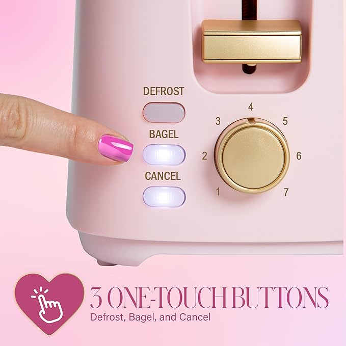 Paris Hilton 2-Slice Toaster Extra-Wide Slots 7 Browning Settings Bagel &amp Defrost Functions Removable Crumb Tray Pink