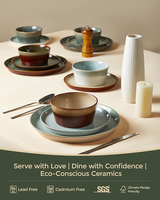 Plates and Bowls Sets for 6 Ceramic Dinnerware Sets Kitchen Dish Set Microwave &amp Dishwasher Safe Dishware Highly Durable Reactive Glazed Dinner Set Brown Green