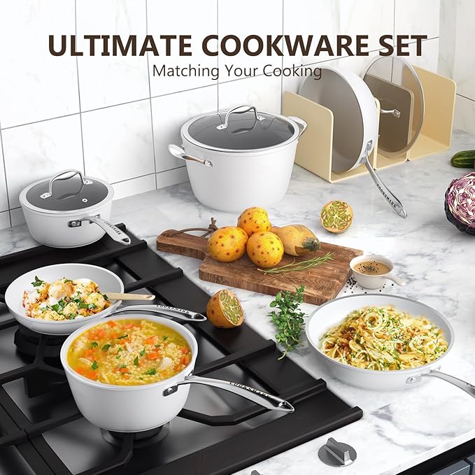 COOKSMARK Nonstick Ceramic Cookware Set Induction &amp Dishwasher Safe Scratch-Resistant Pots and Pans Set with Glass Lids 10 Pieces White