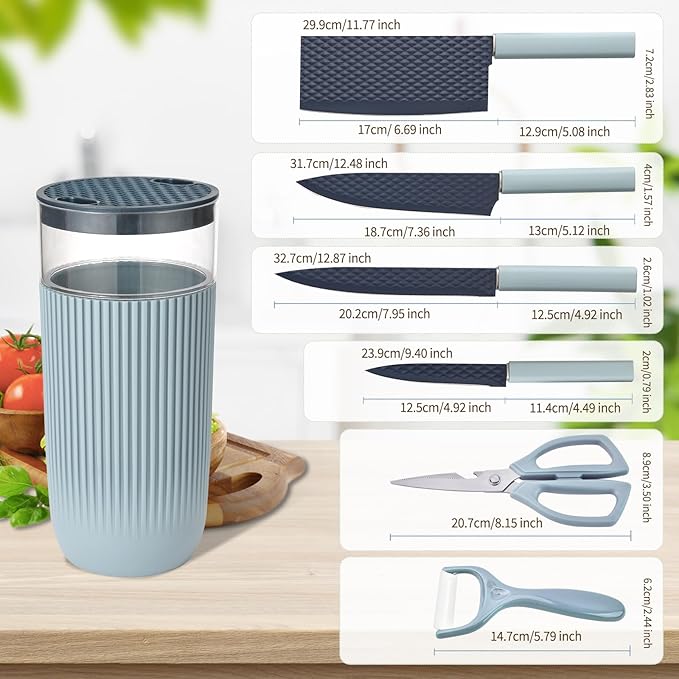 Knife Set 7-Piece Kitchen Knife Set with Sharp Chef and Meat Knives Anti-Rust Utility Knives Set for Kitchen Kitchen Knife Block Set（Blue）