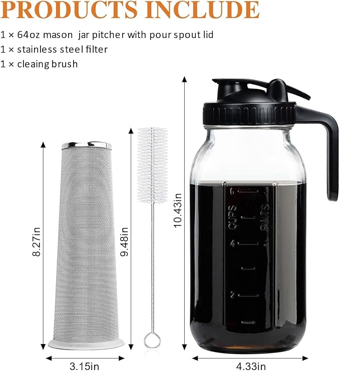 64oz Cold Brew Coffee Maker – Wide Mouth Mason Jar Pitcher with Stainless Steel Filter Pour Spout Lid &amp Handle Heavy Duty Airtight Glass for Iced Coffee Tea &amp Lemonade