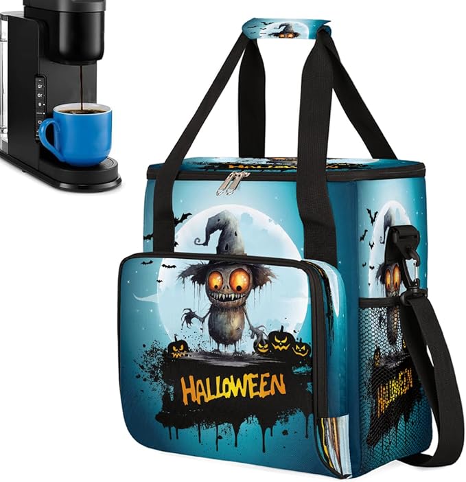 Halloween Monster Pumpkin Bat Coffee Maker Carring Bag Travel Carrying Storage Tote Bag Compatible with Keurig K-Mini or K-Mini Plus Portable Single Serve Coffee Brewer Case with Pockets