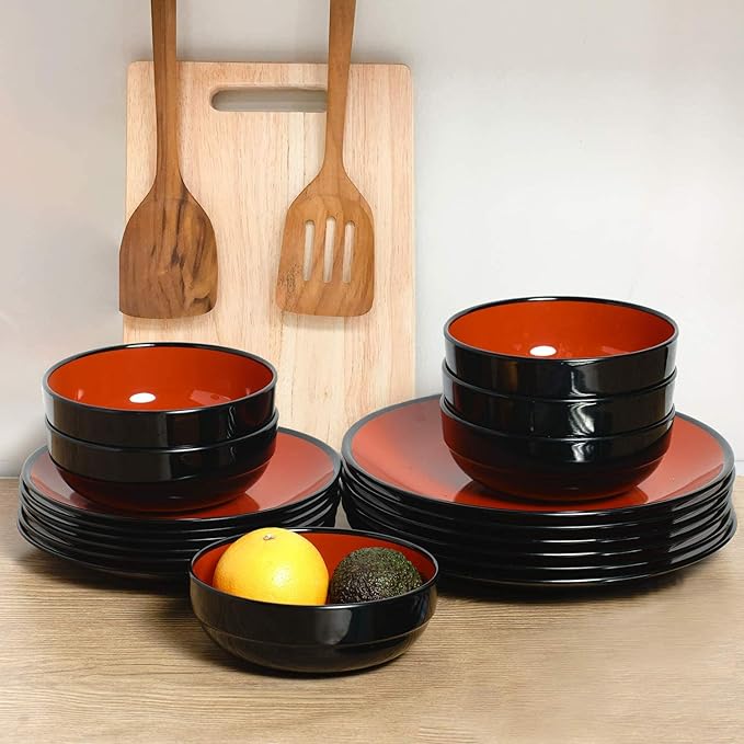 TP 18-Piece Dinnerware Set Melamine Dishes Set with Bowls and Plates Service for 6 Non-breakable Lightweight Dining Tableware Black and Red