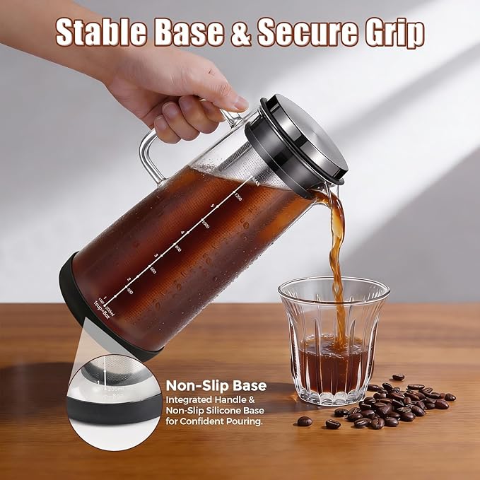 Cold Brew Coffee Maker 1.4L/48oz with Handle Extended Stainless Steel Filter for Deep Extraction Iced Tea Pitcher with Non-Slip Base Includes Cleaning Brush &amp Long Stirring Spoon