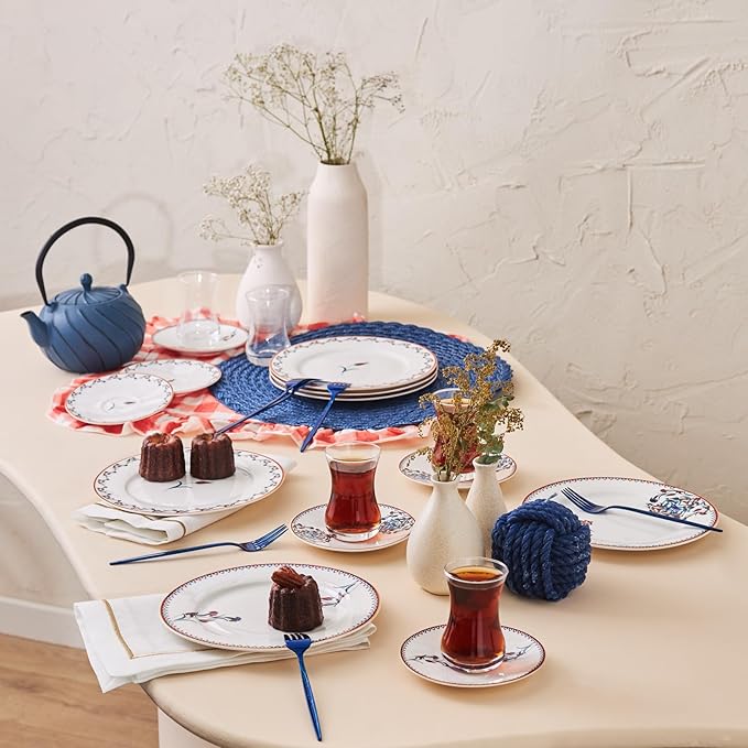 Karaca Nakkas 18 Piece Turkish Teacups &amp Appetizer Plate Set for 6 People - Colorful Dessert Plates (7.4) Small Turkish Tea Glasses with Saucers - Glass Tea Cups &amp Porcelain Dish Set