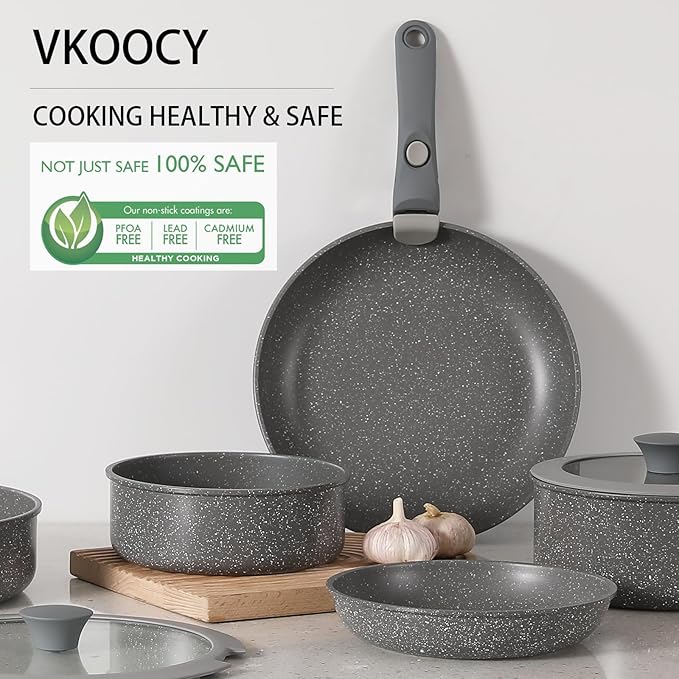Gray Non Stick Pot and Pan Set with Removable Handle Ceramic Cookware Set Detachable Handle 5pcs Induction Kitchen Camping Stackable Pots Pans Dishwasher/Oven Safe PTFE/PFAS/PFOA Free