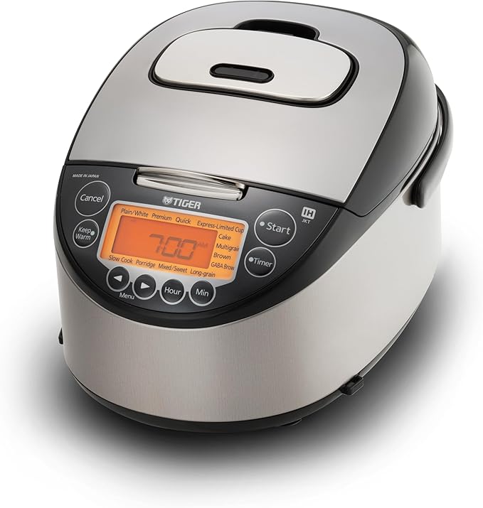 Tiger Corporation JKT-D18U 10-Cup Capacity Induction Heating Electric Rice Cooker with 12 Menu Setting 24-Hour Keep Warm Setting Spatula and Measuring Cup (Black and Stainless Steel)