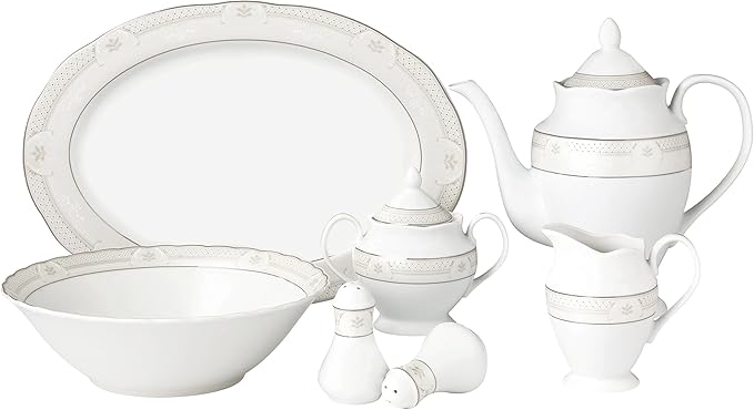 Lorren Home Trends 57 Piece Wavy Porcelain Atara Collection Dinnerware Set Silver