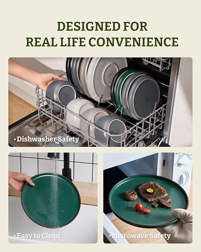 Famiware Mercury Plates and Bowls Sets 18 Pieces Stoneware Dinnerware Sets Dishes Set for 6 Microwave and Dishwasher Safe Dark Green