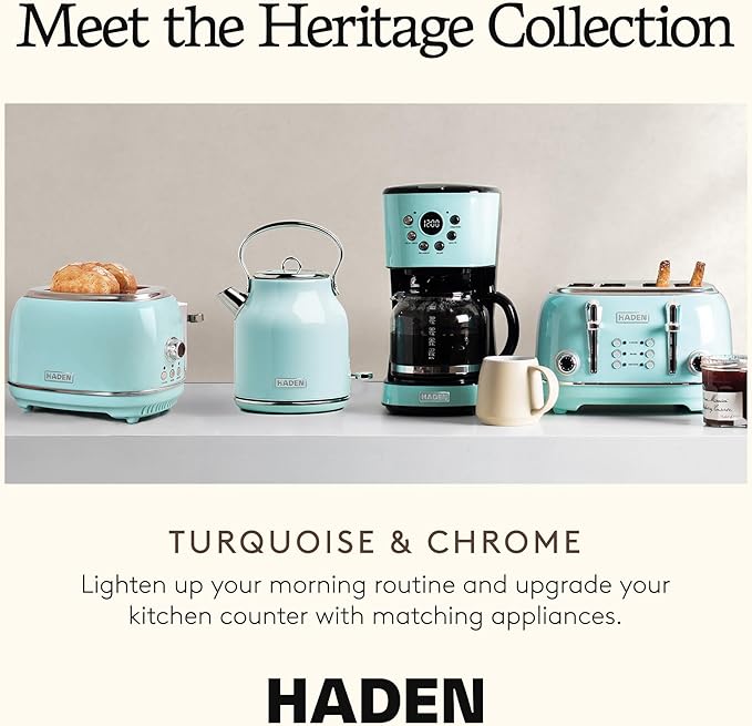 Haden Heritage 1.7 Liter Stainless Steel Electric Tea Kettle with Heritage 2 Slice Wide Slot Stainless Steel Bread Toaster Turquoise