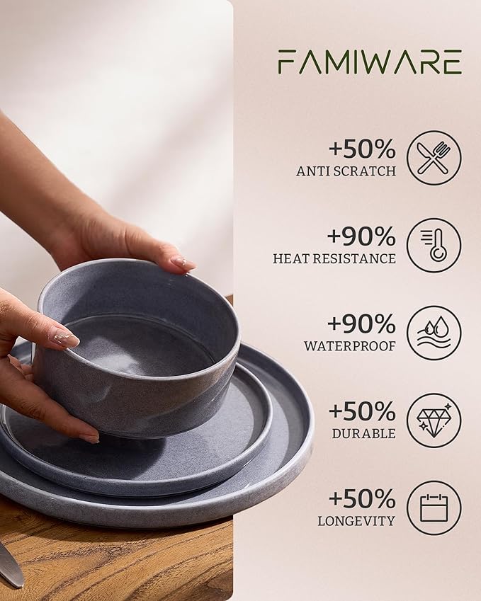 Famiware Annecy Plates and Bowls Sets Service for 4 (16 Pieces) Dinnerware Sets with Pasta Bowls Microwave and Dishwasher Safe Dishes Set Chip and Scratch Resistant Misty-Blue