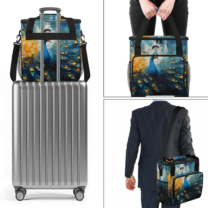 Peacock Print Coffee Maker Travel Bag for Keurig K-Mini/K-Mini Plus Insulated Waterproof Tote with Pockets for K-Cup Portable Single-Serve Brewer Case