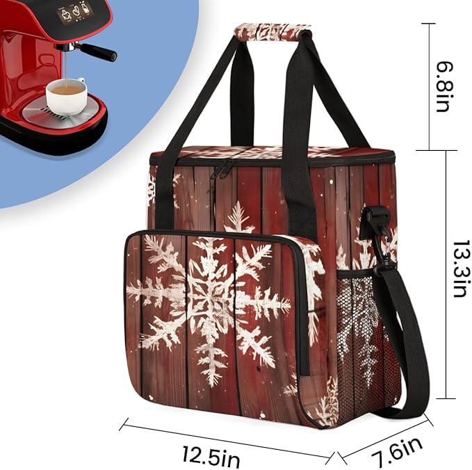 Xmas Snowflakes Coffee Maker Carrying Bag Retro Snowflakes Travel Storage Bag Compatible with K-Mini or K-Mini Plus Single Serve Coffee Brewer Carrying Case with Multiple Pockets &amp Shoulder Stra