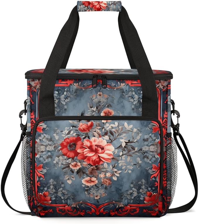 Rich Damask Coffee Maker Carrying Bag Vintage Flower Travel Storage Bag Compatible with K-Mini or K-Mini Plus Single Serve Coffee Brewer Carrying Case with Multiple Pockets &amp Shoulder Strap