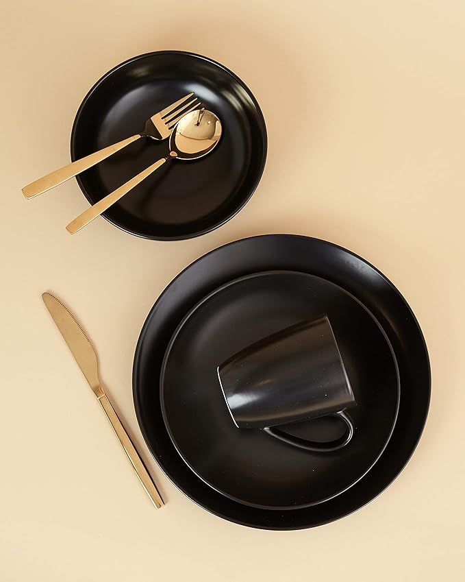 Euro Ceramica Euro Essential Collection 16 Piece Dinnerware Set Service for 4 Solid Semi-Matte Black