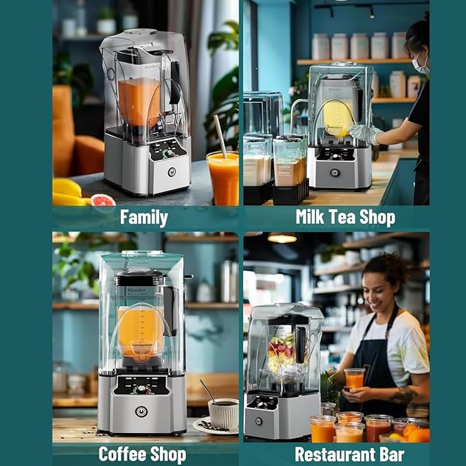 Commercial Professional Blender With Shield Quiet Sound Enclosure 2200W Industries Strong and Quiet Professional-Grade Power Self-Cleaning Silver