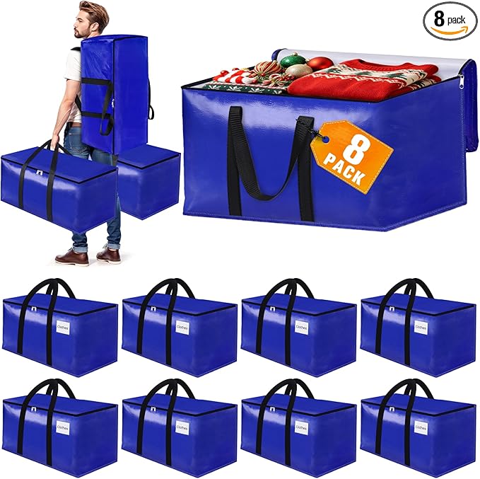 8-Pack Moving Bags with Backpack Straps &amp Carry Handles 25 Gallons-93 L Heavy Duty Storage Totes for Space Saving Foldable Storage Bags for College Dorm Travel Camping (Blue)