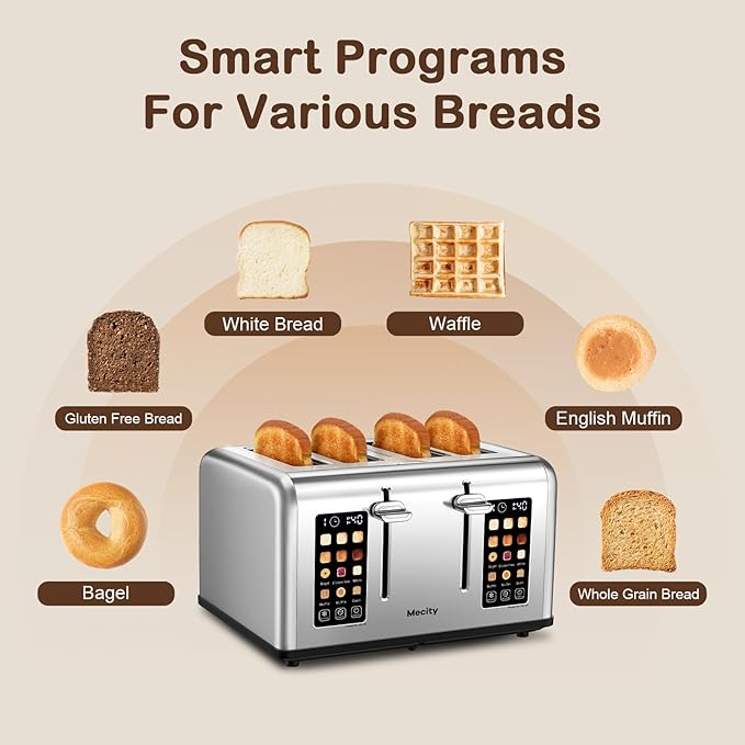 Mecity 4 Slice Toaster with Touch Screen Control 4 Wide Slots Stainless Steel Smart Bread Toaster for Bagels Muffins Waffles Dual Control Panel Timer Defrost Reheat 120V 1650W