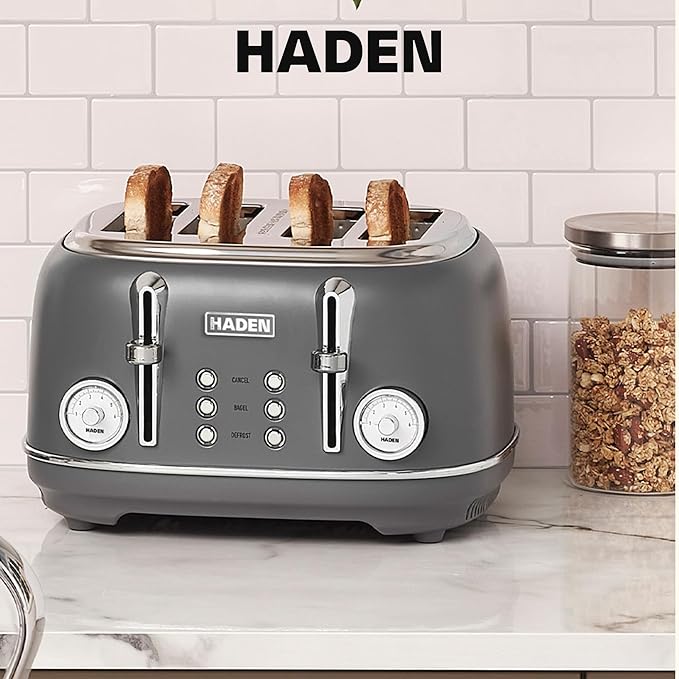 Haden Chelsea 4-Slice Wide Slot Stainless Steel Toaster with Adjustable Browning Control &amp Non-Slip Feet Grey &amp Chrome
