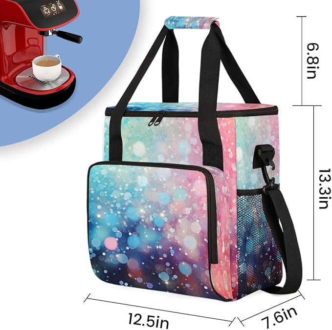 Glitter Coffee Maker Carrying Bag Blue &amp Pink Portable Travel Storage Tote Bag Compatible with K-Mini or K-Mini Plus Single Serve Coffee Brewer Carrying Case with Multiple Pockets &amp Shoulder