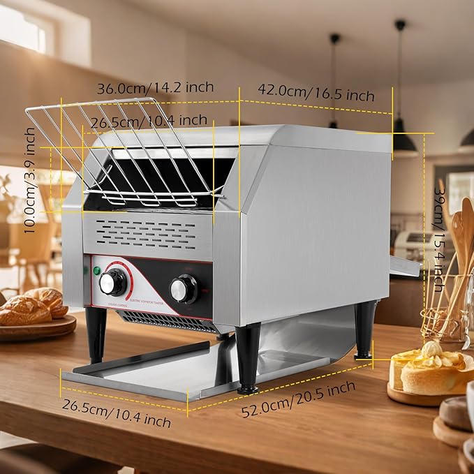 Dyna-Living Commercial Toaster 300 Slices/Hour Conveyor Toaster Commercial 1900W Heavy-duty Stainless Steel Rotating Toasters Oven for Restaurant Conveyor Belt Toasters for Bun Bagel Bread