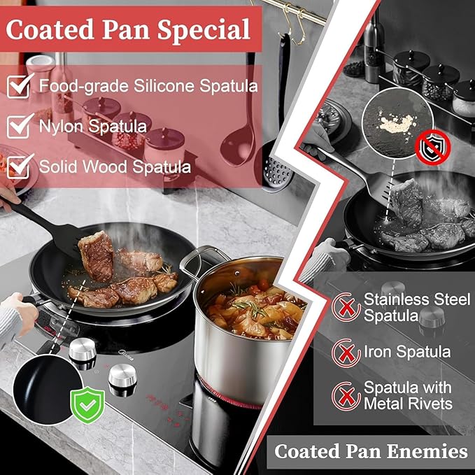 Nonstick Frying Pan Set - Iron Frying Pan 3-Piece Set (8 10 12) + 2 Silicone Spatulas With Premium Nonstick Coating Up to 450°F Skillet Suitable for Induction Gas &amp More