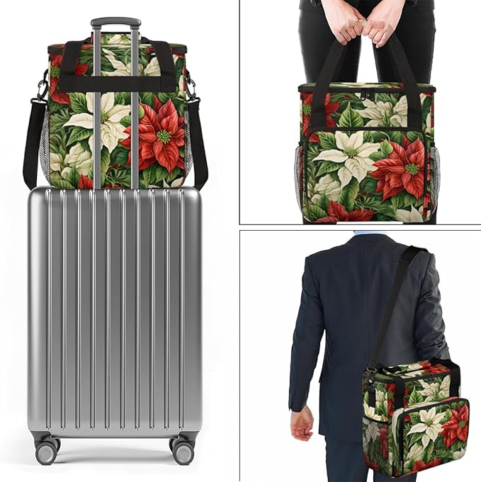 Christmas Flowers Coffee Maker Carrying Bag Holly Berry Travel Storage Bag Compatible with K-Mini or K-Mini Plus Single Serve Coffee Brewer Carrying Case with Multiple Pockets &amp Shoulder Strap