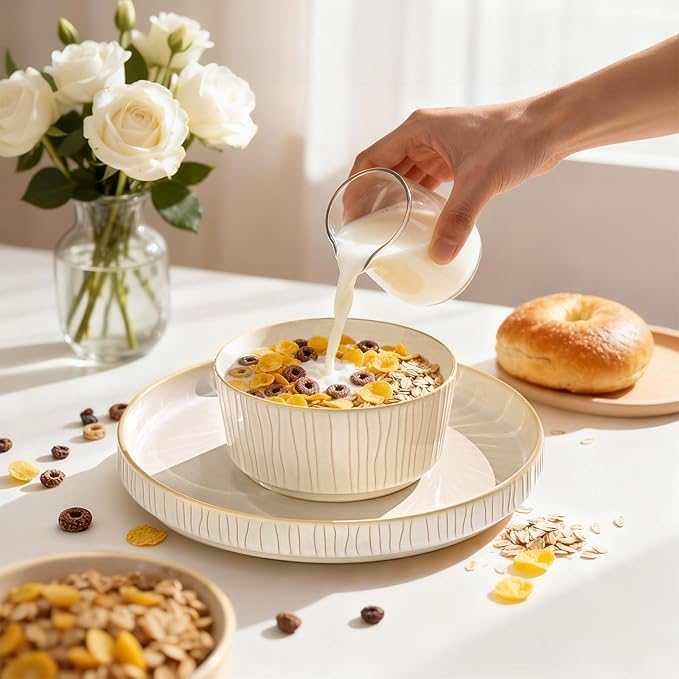 Stoneware Dinnerware Sets for 4 12 Pcs Ribbed Reactive Glaze Ceramic Plates and Bowls Sets Chip Resistant Microwave Dishwasher Safe Dish Set Housewarming Gifts Cappuccino White