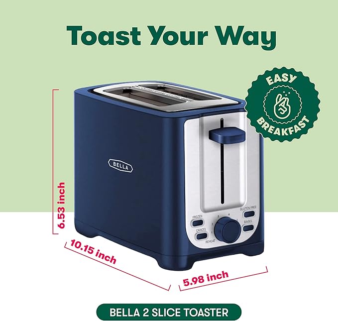 BELLA 2 Slice Toaster with Auto Shut Off - Extra Wide Slots &amp Removable Crumb Tray and CancelDefrost &amp Reheat Function - Toast BreadBagel-&amp WaffleBlue(Pack of 6)