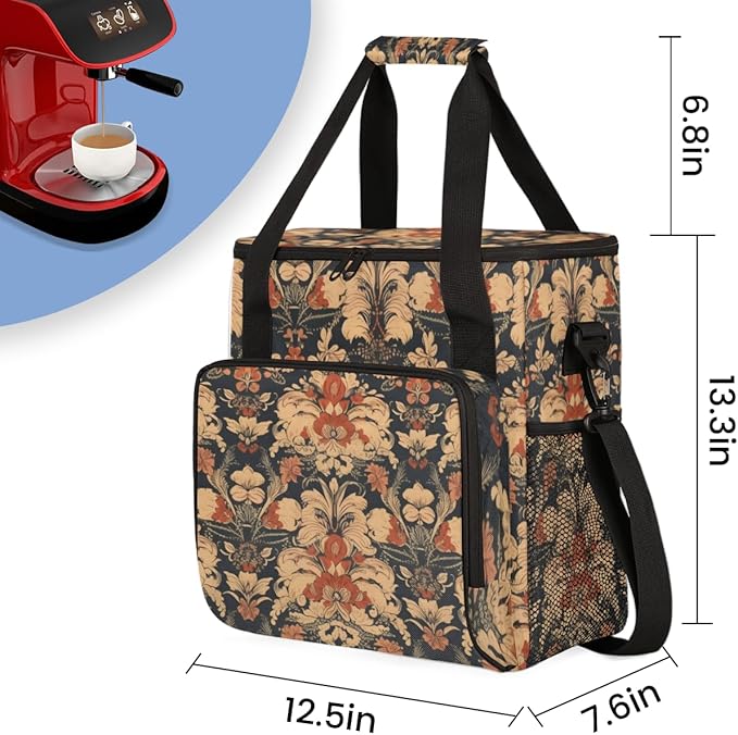 Ethnic Artistic Grunge Coffee Maker Carrying Bag Floral Travel Storage Bag Compatible with K-Mini or K-Mini Plus Single Serve Coffee Brewer Carrying Case with Multiple Pockets &amp Shoulder Strap