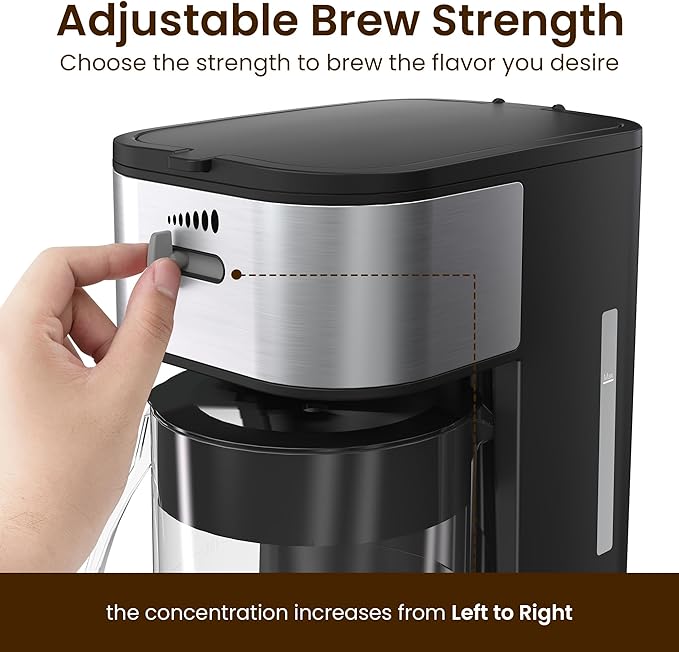 Iced Coffee Tea Maker with Reusable Filter Basket 3 QT Pitcher Iced Tea and Coffee Machine  Tea Makers for Iced Tea Lattes Lemonade and Flavored Water Adjustable Brew Strength Black and Silver