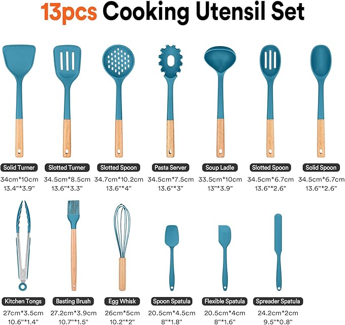 Kitchen Utensils Set 13PCS Silicone Cooking Utensils Heat Resistant Kitchen Utensil Spatula Set for Nonstick Cookware Wooden Handles Kitchen Gadgets Tools Set (BLUE)
