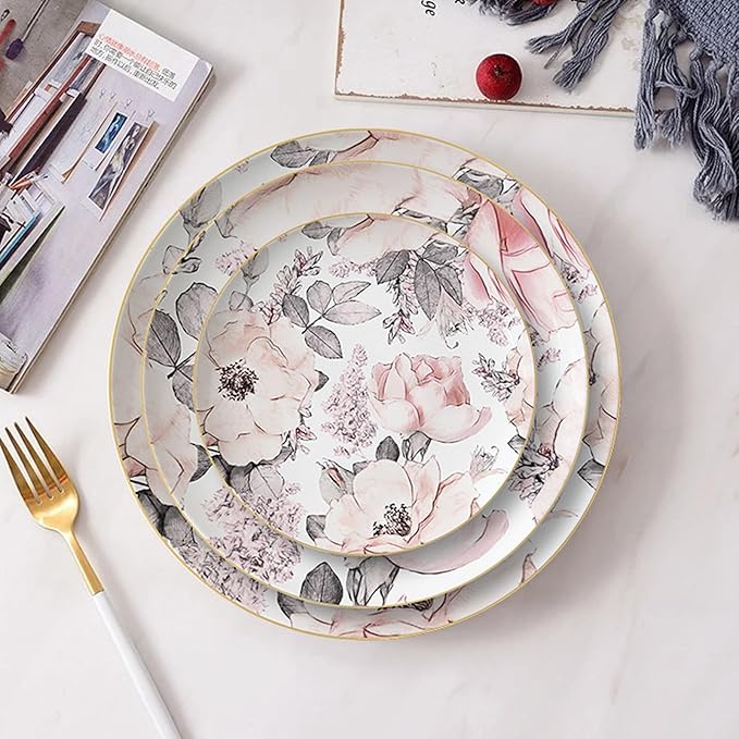 bone china dinnerware sets for 4 kitchen dishes set tableware set for dining include 6.5&amp8&amp10.5&amp12 inch plate Camellia gold border