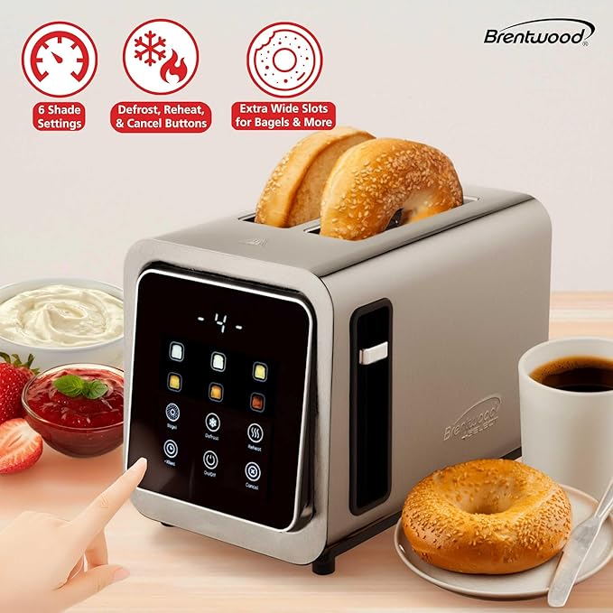 Brentwood TS-228DS Touch Screen 2-Slice Digital Toaster with Extra Wide Slots 6 Shade Settings Bagel Cancel Defrost and Reheat Functions Stainless Steel