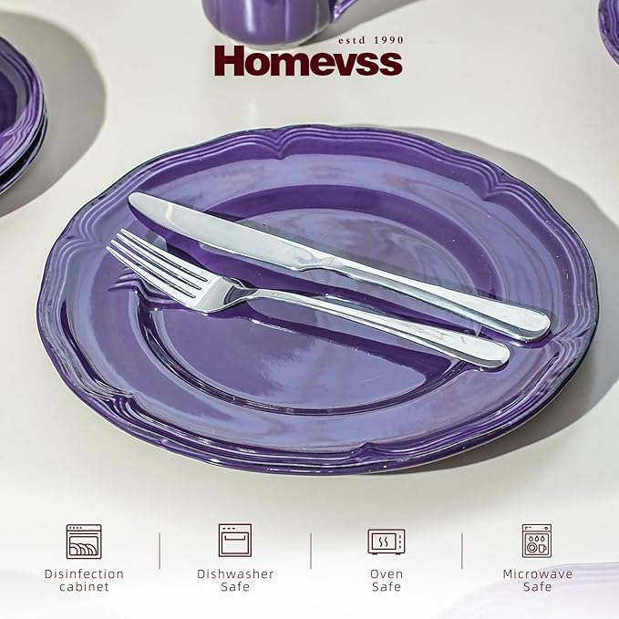 56pc Dinnerware Set Plate and Bowl Set Stoneware Dishes Set for 8 Microwave and Dishwahser Safe Scratch Resistant French Countryside Speckled Antique Purple