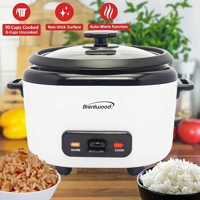 Brentwood 7-Function Smart Rice Multi-Cooker – Food Steamer Slow Cooker Sauté Keep Warm and 15hr Delay Timer Stainless Steel (White 10 Cups Cooked / 5 Cups Uncooked)