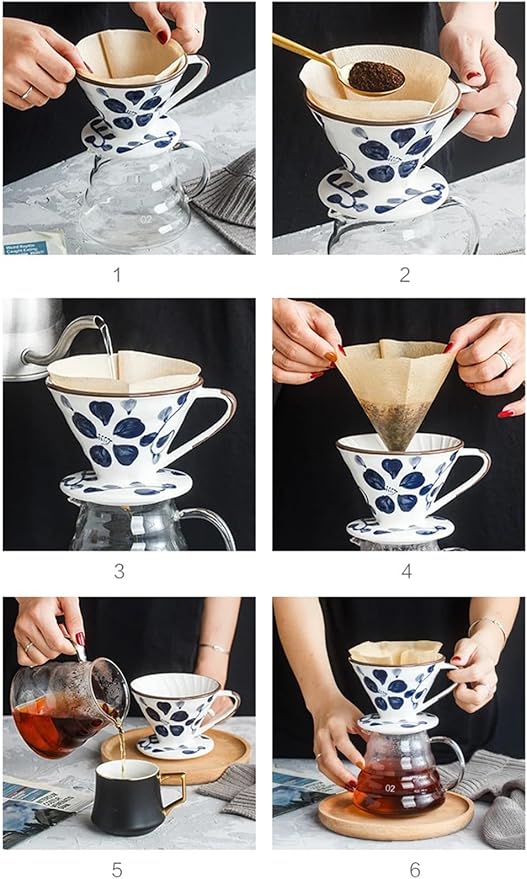 Ceramic Pour Over Coffee Dripper Hand painted Coffee Drip Filter Pour Over Coffee Maker Ceramic Slow Brewing Accessories for Home Cafe Restaurants (V011-2Cups)