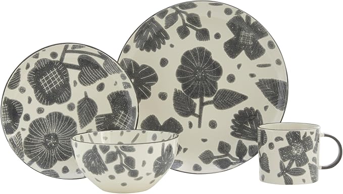 Gray and Ivory Sixteen Piece Round Floral Ceramic Service For Four Dinnerware Set