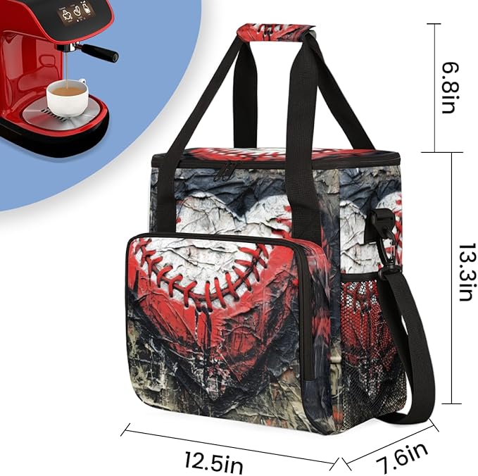Heart Baseball Coffee Maker Carrying Bag Cute Baseball Travel Storage Bag Compatible with K-Mini or K-Mini Plus Single Serve Coffee Brewer Carrying Case with Multiple Pockets &amp Shoulder Strap