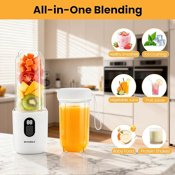 Portable Blender Personal Blender for Shakes and Smoothies Portable Juicer with 16 Blades Small Mini Juicer with Extra Handle Lid for Travel Sport Office Camping and Outgoing (16.9 oz)