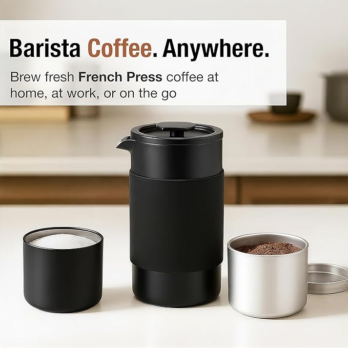 Travel French Press Coffee Maker Set - 12 oz | Portable Travel French Press Coffee Maker | Double Wall Insulated with Dual Stainless Filters &amp 2 Steel Canisters for Grounds Tea Creamer &amp Sug