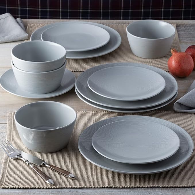 Noritake Colorscapes Grey-on-Grey Swirl 12-Piece Coupe Dinnerware Set Service for 4