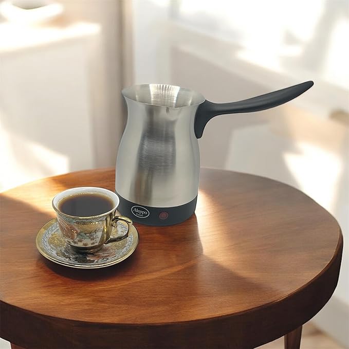 Electric Turkish Coffee Maker Kettle Pot Stainless Steel Cool Touch Handle Travel Size Fast Boil &amp Keeps Water Boiling for Arabic &amp Greek Coffee Tea 0.3L (SILVER)