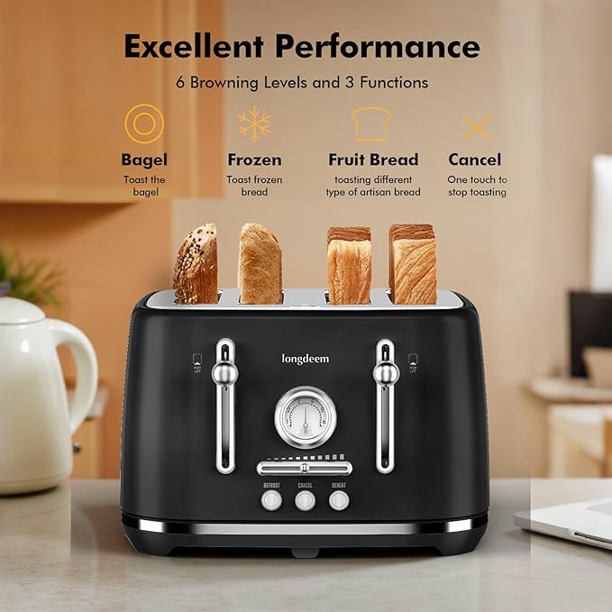 LONGDEEM Retro 4 Slice Countertop Toaster 1.5” Extra Wide Slots for Artisan Bread/Bagels 6 Browning Settings Defrost/Cancel High Lift Lever Crumb Tray Stainless Steel Home/Office/Dorm/RV Black