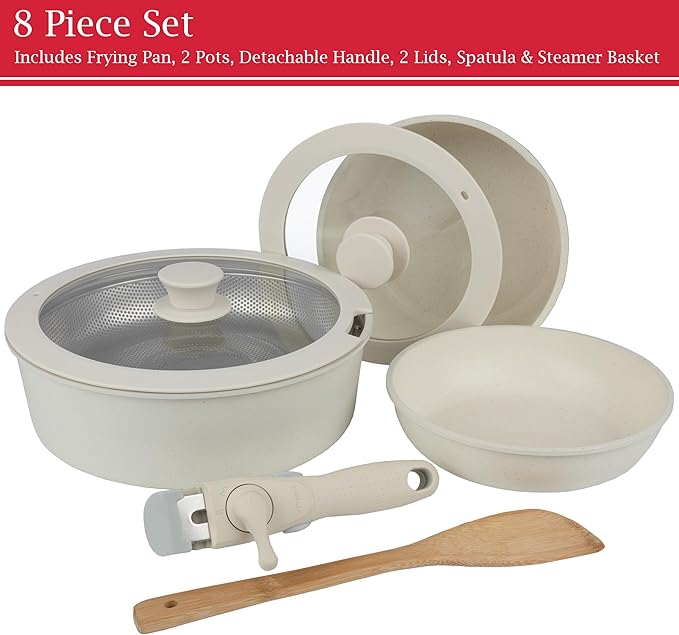 8-Piece Pots and Pans Set - Nonstick Cookware Set with Detachable Handle Lids Spatula and Steam Pan - Kitchen Essentials by Home-Complete (Cream)