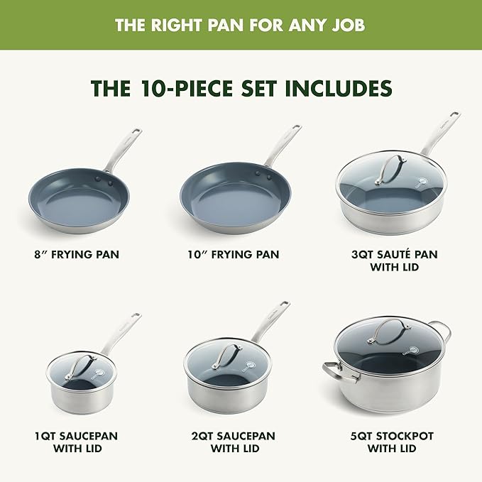 GreenPan Treviso 10 Piece Cookware Set Non-Toxic PFAS-Free Stainless Steel Ceramic Nonstick Coating Induction Suitable Pots Pans Lids Sauté &amp Saucepans Multi Clad Dishwasher &amp Oven Safe
