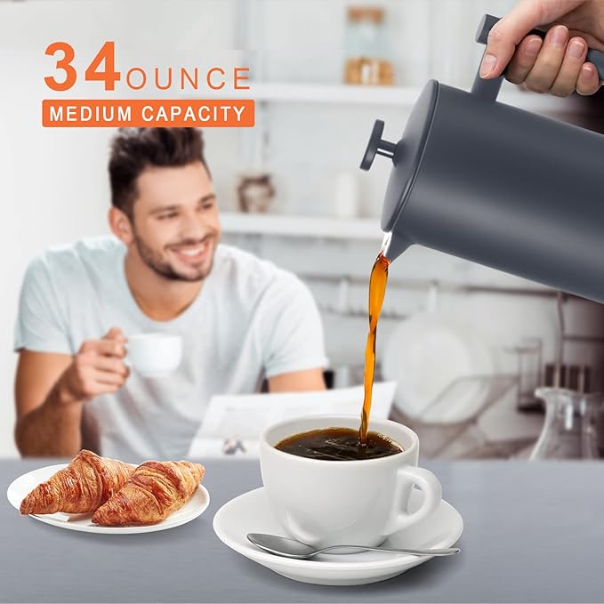 Secura French Press Coffee Maker 304 Grade Stainless Steel Insulated Coffee Press with 2 Extra Screens 34oz (1 Litre) Grey