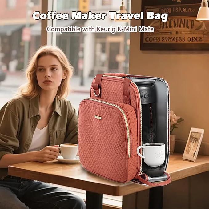 BAGSPRITE Coffee Maker Travel Bag Compatible with Keurig K-Mini Mate Full Open Carrying Case with Quilted Padded Soft Microfiber K--Cup Single Serve Coffee Maker Bag with Pod Organizer Mug Pockets