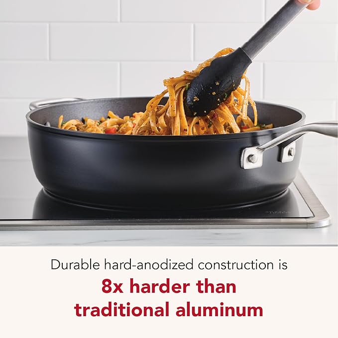 KitchenAid Hard Anodized Induction Nonstick Cookware Saute Pan/Jumbo Cooker with Lid and Helper Handle Dishwasher Safe 5 Quart Non Stick Sauteuse with Stainless Steel Handles - Matte Black